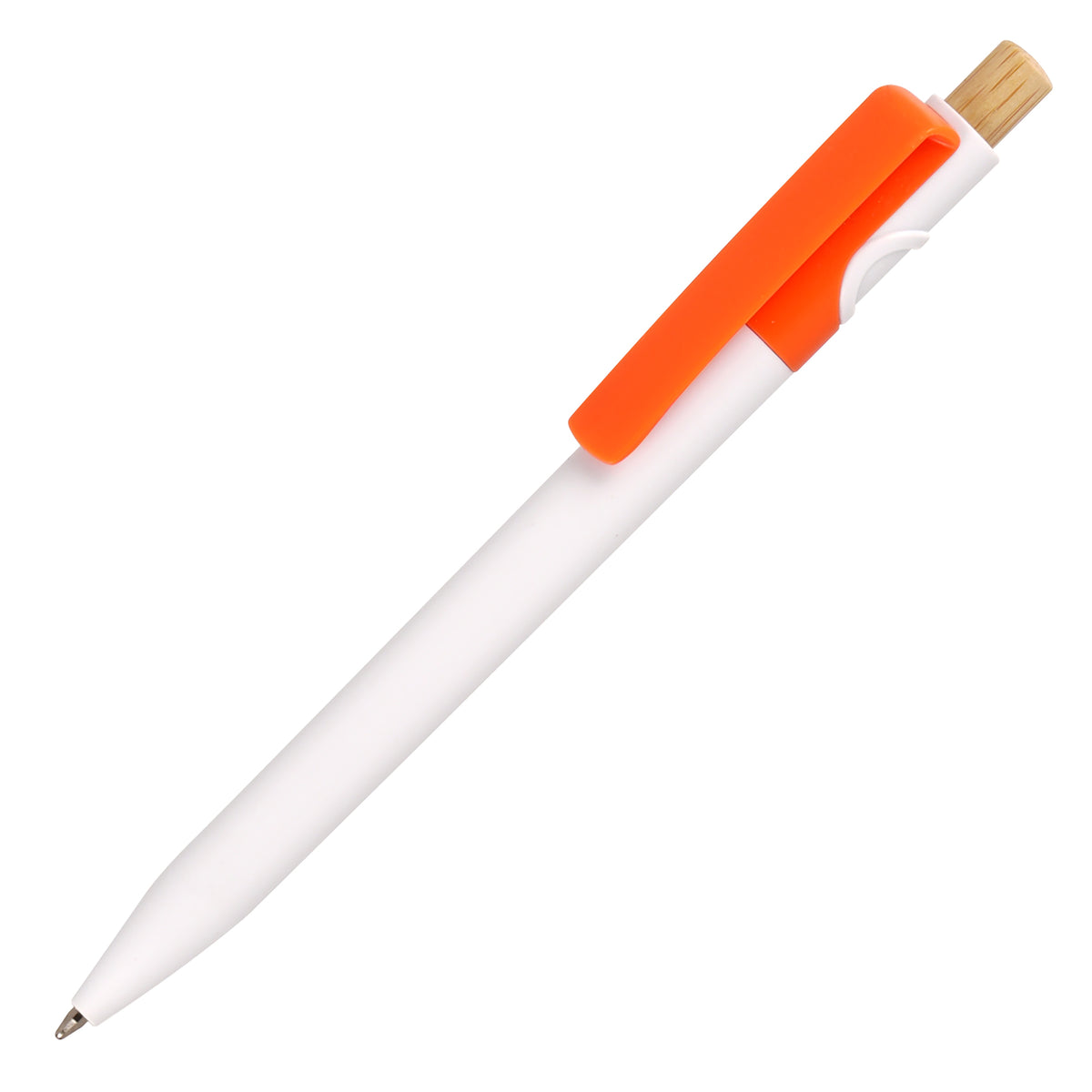 Branded White Barrel Ocean-Bound Plastic Pen with Bamboo Plunger