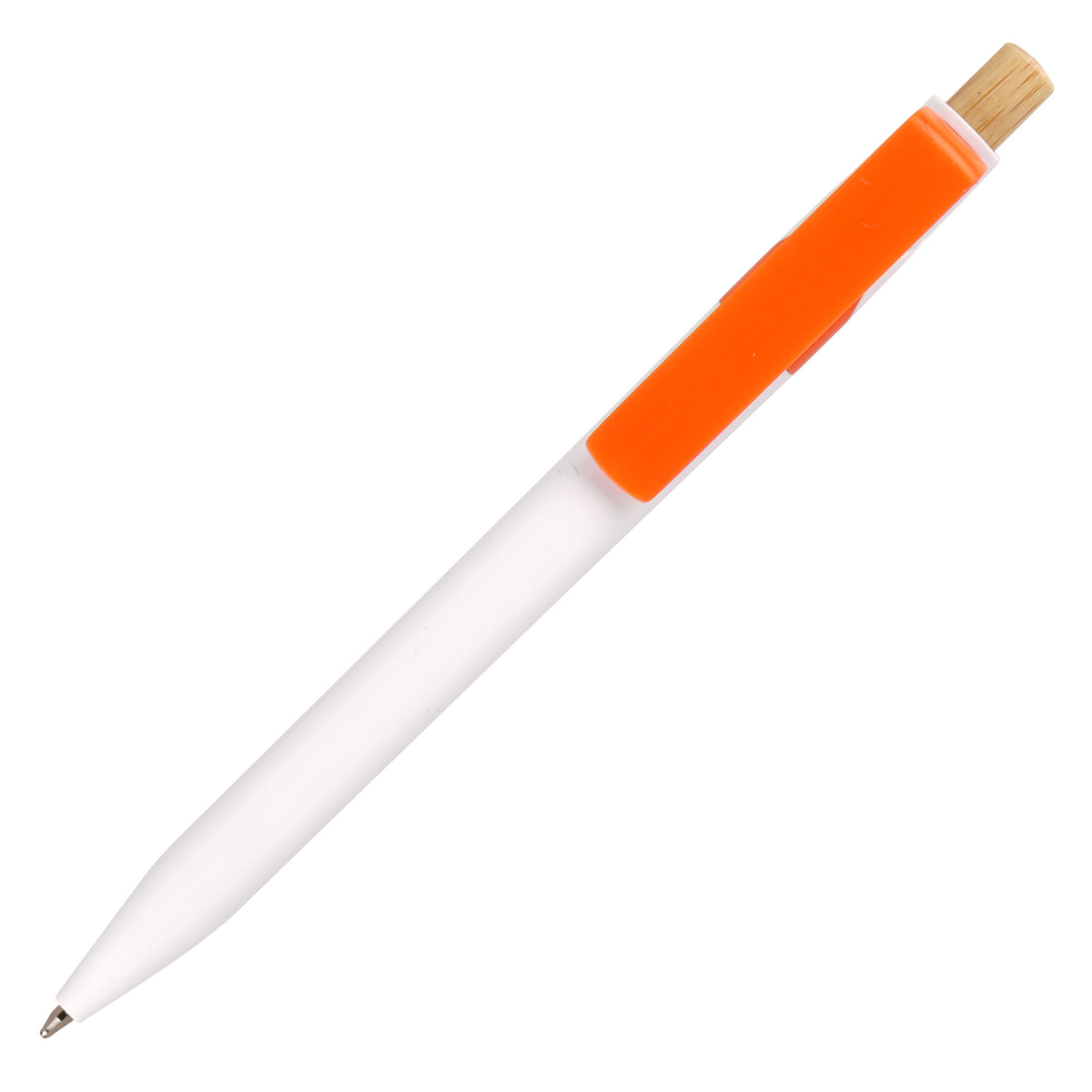 Branded White Barrel Ocean-Bound Plastic Pen with Bamboo Plunger