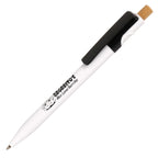 Branded White Barrel Ocean-Bound Plastic Pen with Bamboo Plunger in BLACK
