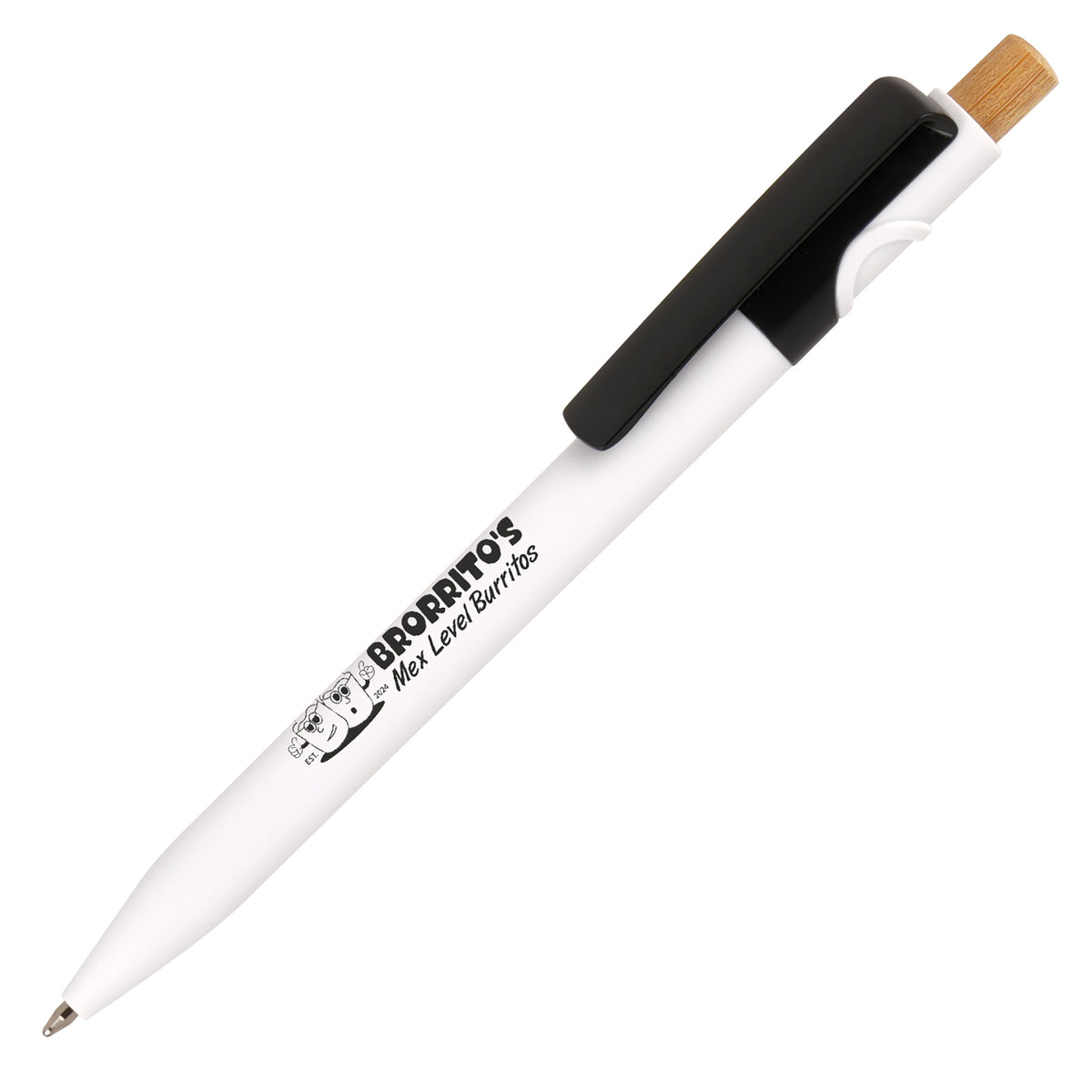 Branded White Barrel Ocean-Bound Plastic Pen with Bamboo Plunger in BLACK