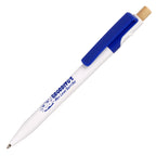 Branded White Barrel Ocean-Bound Plastic Pen with Bamboo Plunger in BLUE