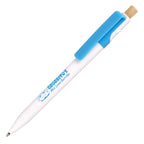 Branded White Barrel Ocean-Bound Plastic Pen with Bamboo Plunger in CYAN