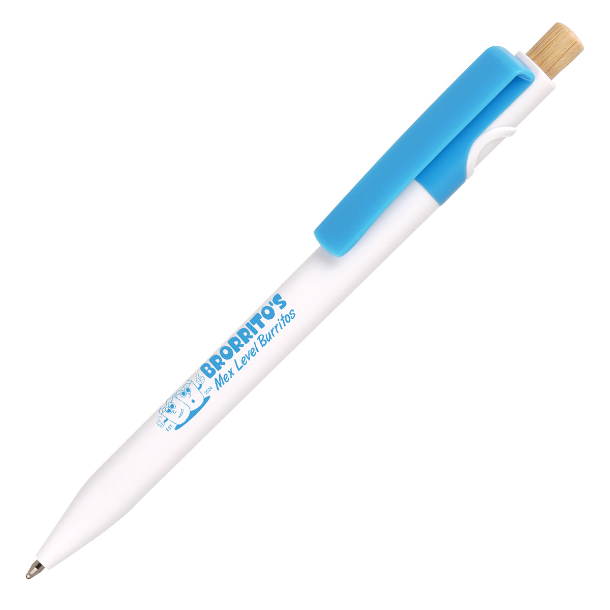 Branded White Barrel Ocean-Bound Plastic Pen with Bamboo Plunger in CYAN