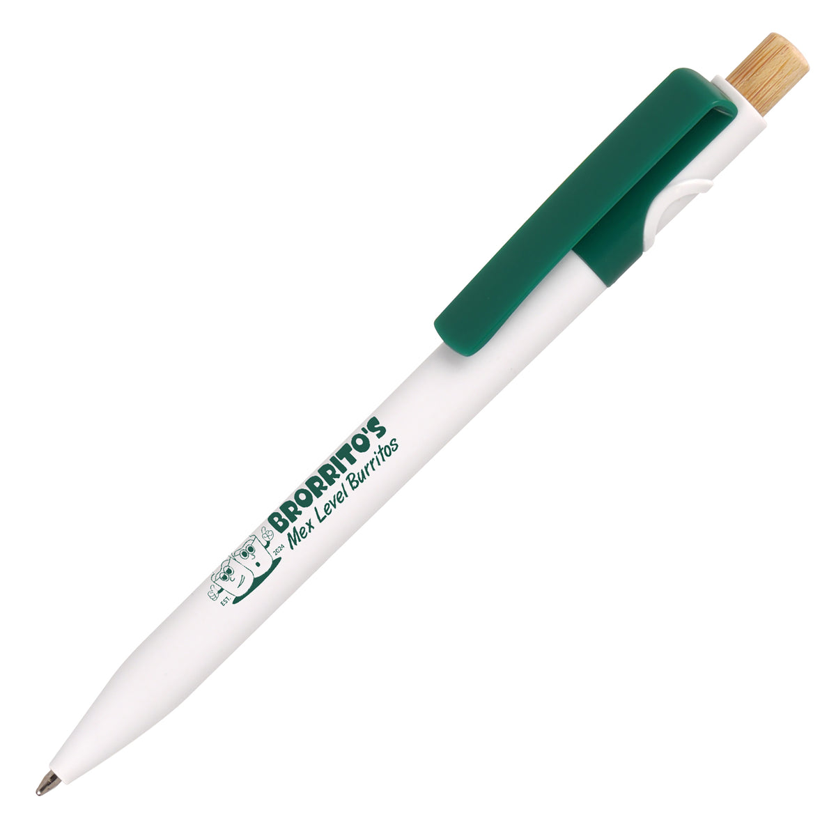 Branded White Barrel Ocean-Bound Plastic Pen with Bamboo Plunger in GREEN
