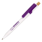 Branded White Barrel Ocean-Bound Plastic Pen with Bamboo Plunger in PURPLE