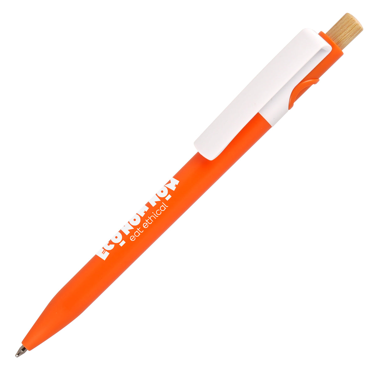 Branded Coloured Barrel Ocean-Bound Plastic Pen with Bamboo Plunger in AMBER