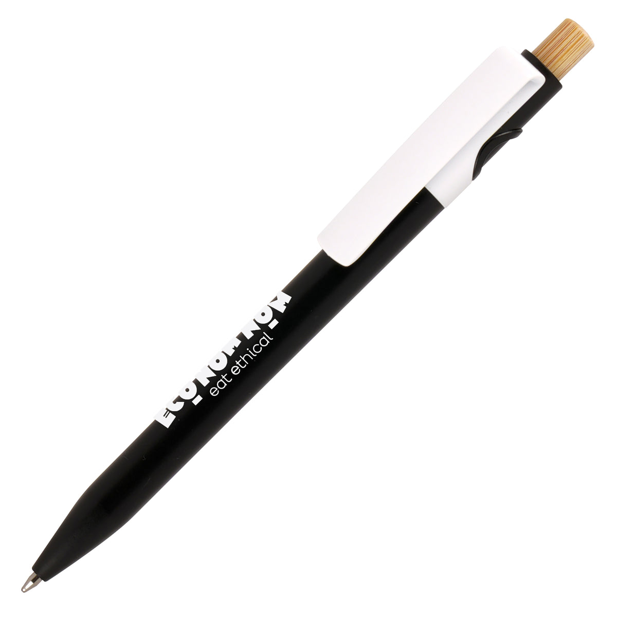 Branded Coloured Barrel Ocean-Bound Plastic Pen with Bamboo Plunger in BLACK