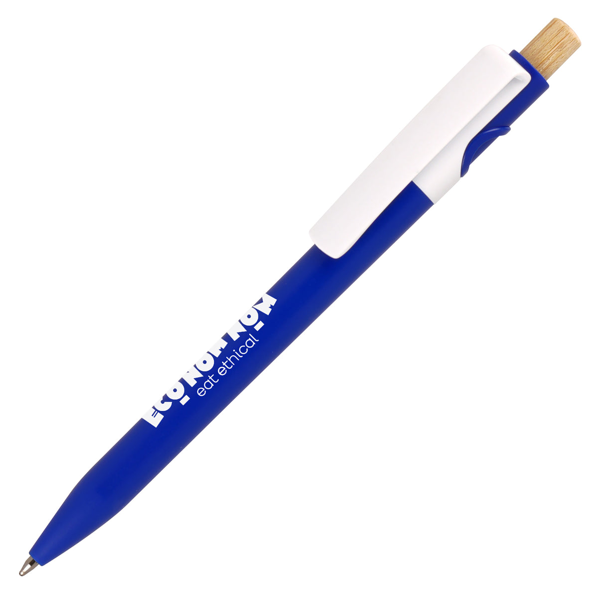 Branded Coloured Barrel Ocean-Bound Plastic Pen with Bamboo Plunger in BLUE