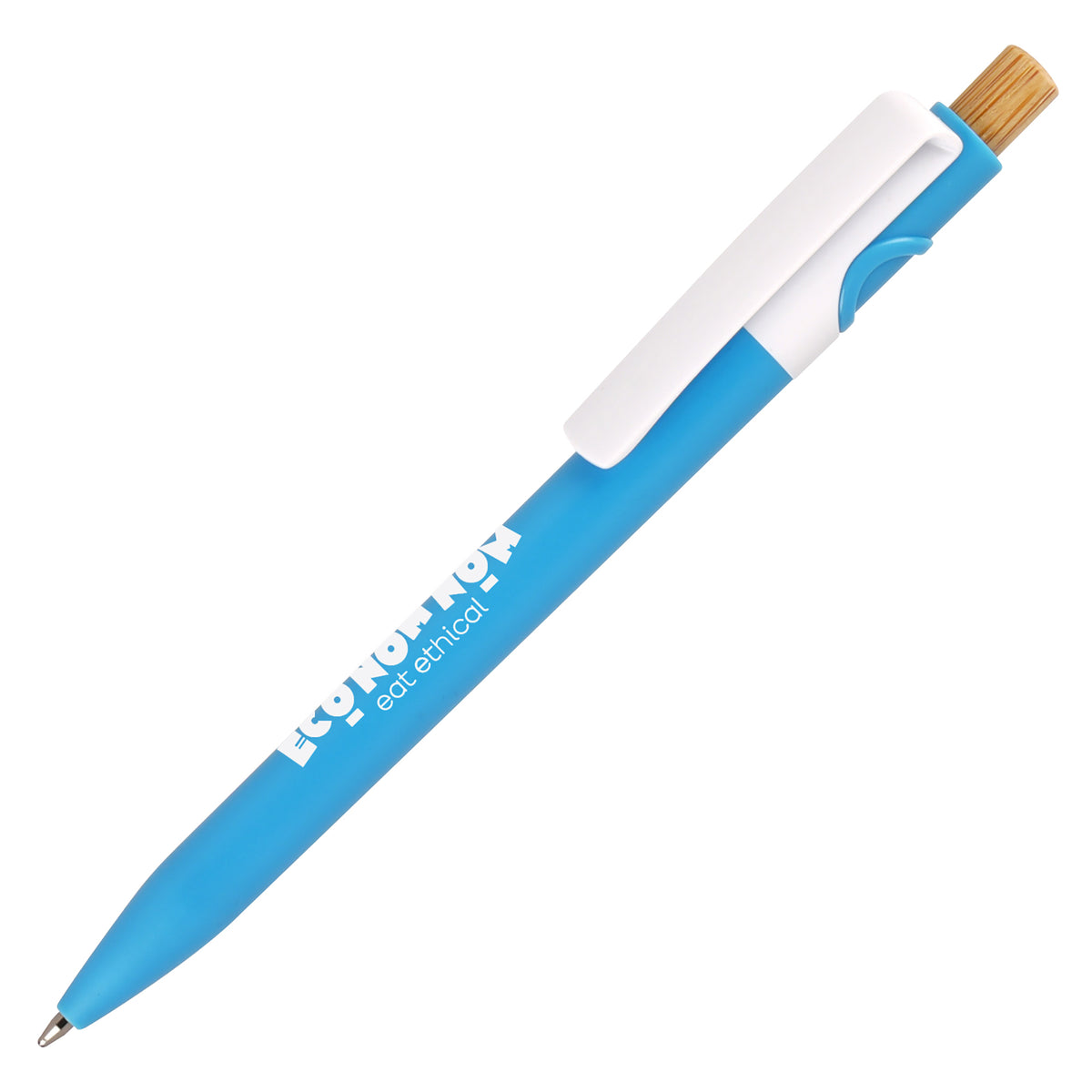 Branded Coloured Barrel Ocean-Bound Plastic Pen with Bamboo Plunger in CYAN