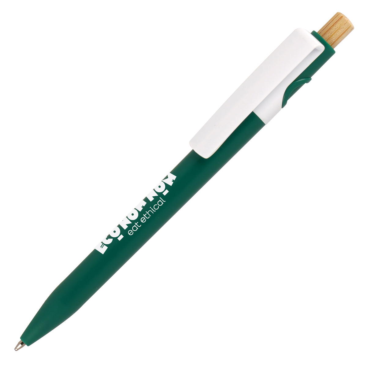 Branded Coloured Barrel Ocean-Bound Plastic Pen with Bamboo Plunger in GREEN