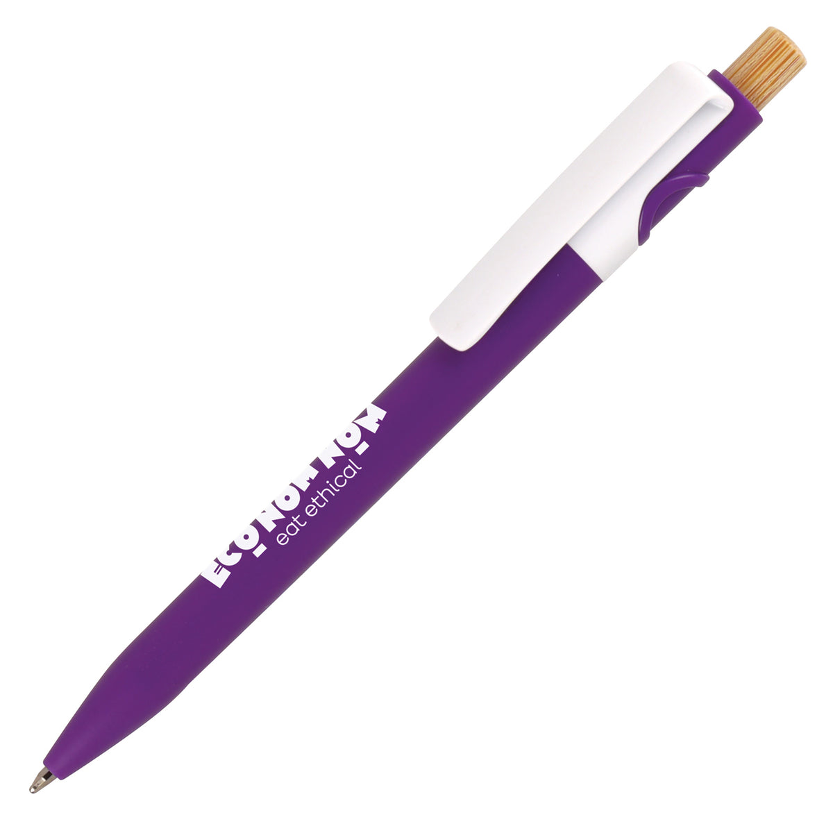 Branded Coloured Barrel Ocean-Bound Plastic Pen with Bamboo Plunger in PURPLE