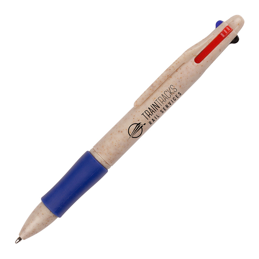 Branded Wheat Plastic 4 Colour Ink Ball Pen in BLUE