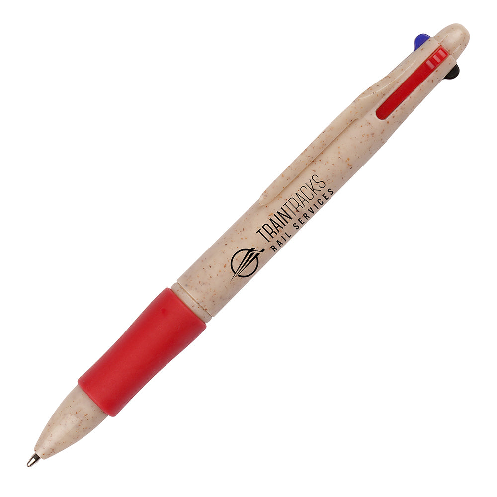 Branded Wheat Plastic 4 Colour Ink Ball Pen in RED
