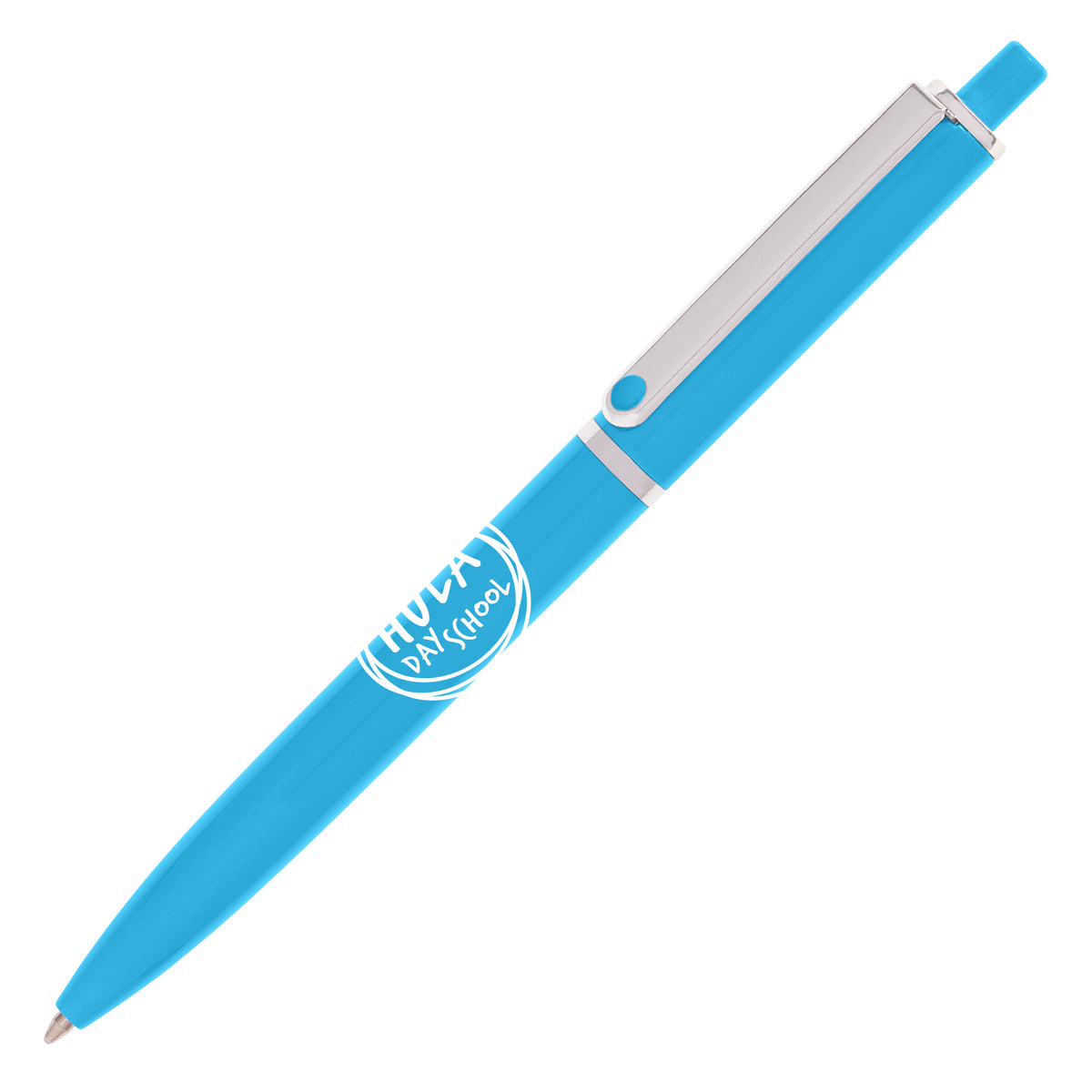Branded Gloss Push Action Ball Pen with Metal Clip in CYAN