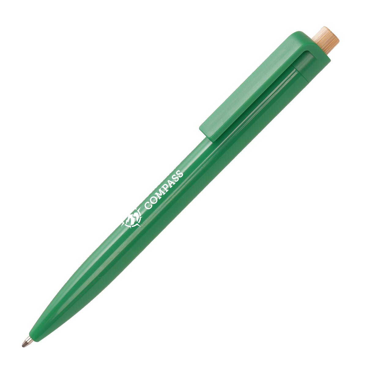 Branded Glossy Recycled ABS Ball Pen with Bamboo Pusher in GREEN