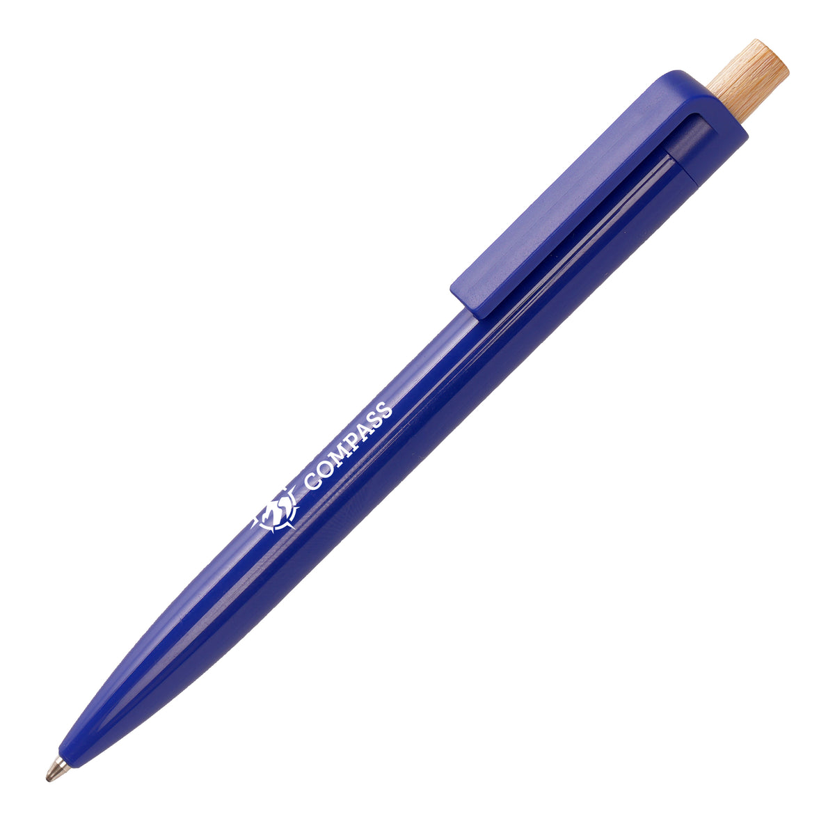 Branded Glossy Recycled ABS Ball Pen with Bamboo Pusher in ROYAL BLUE