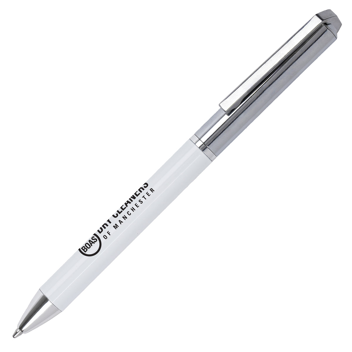 Branded Glossy Ball Pen with Hinged Clip and Chrome Trim in WHITE