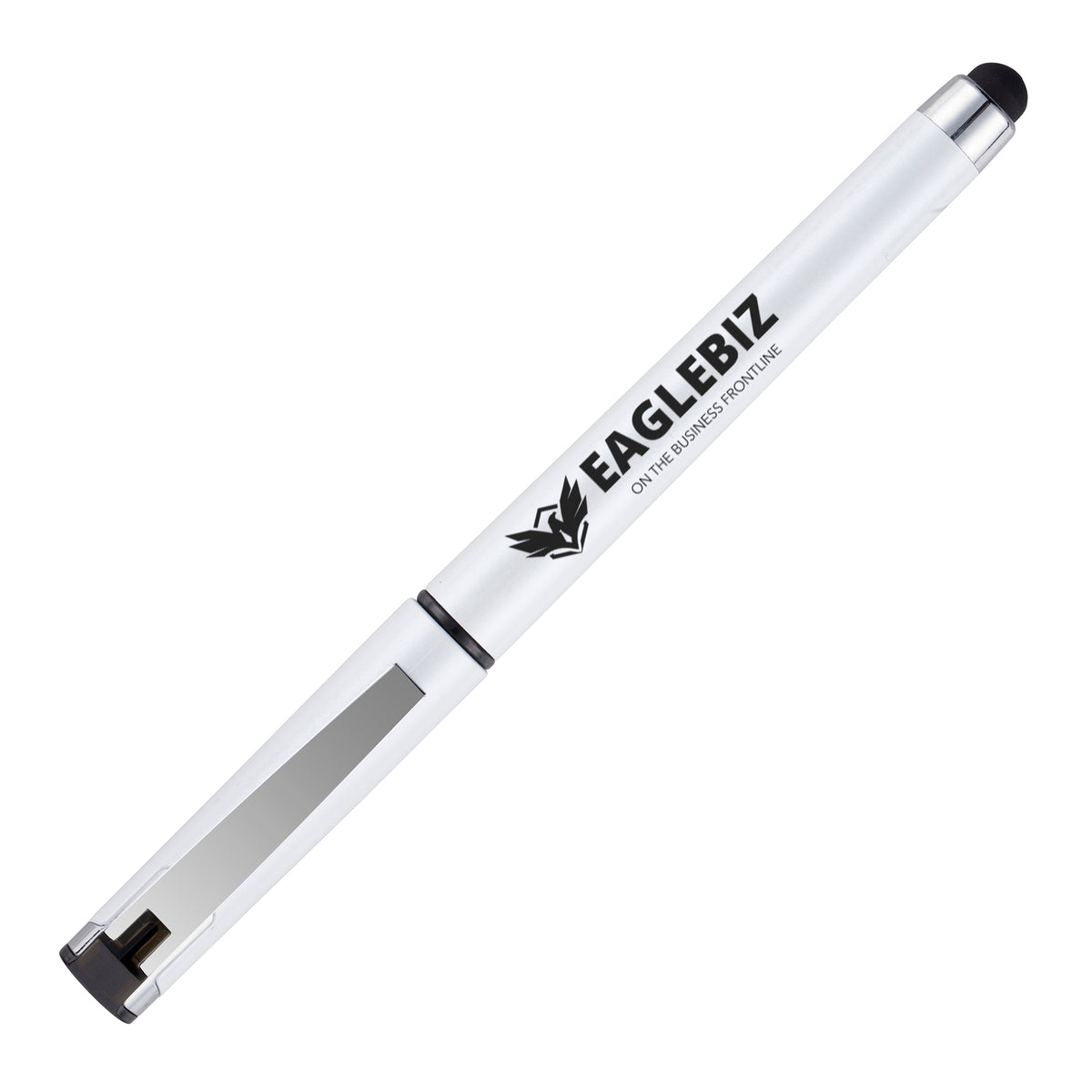 Branded Metallic Finish Gel Roller Pen with Stylus in WHITE
