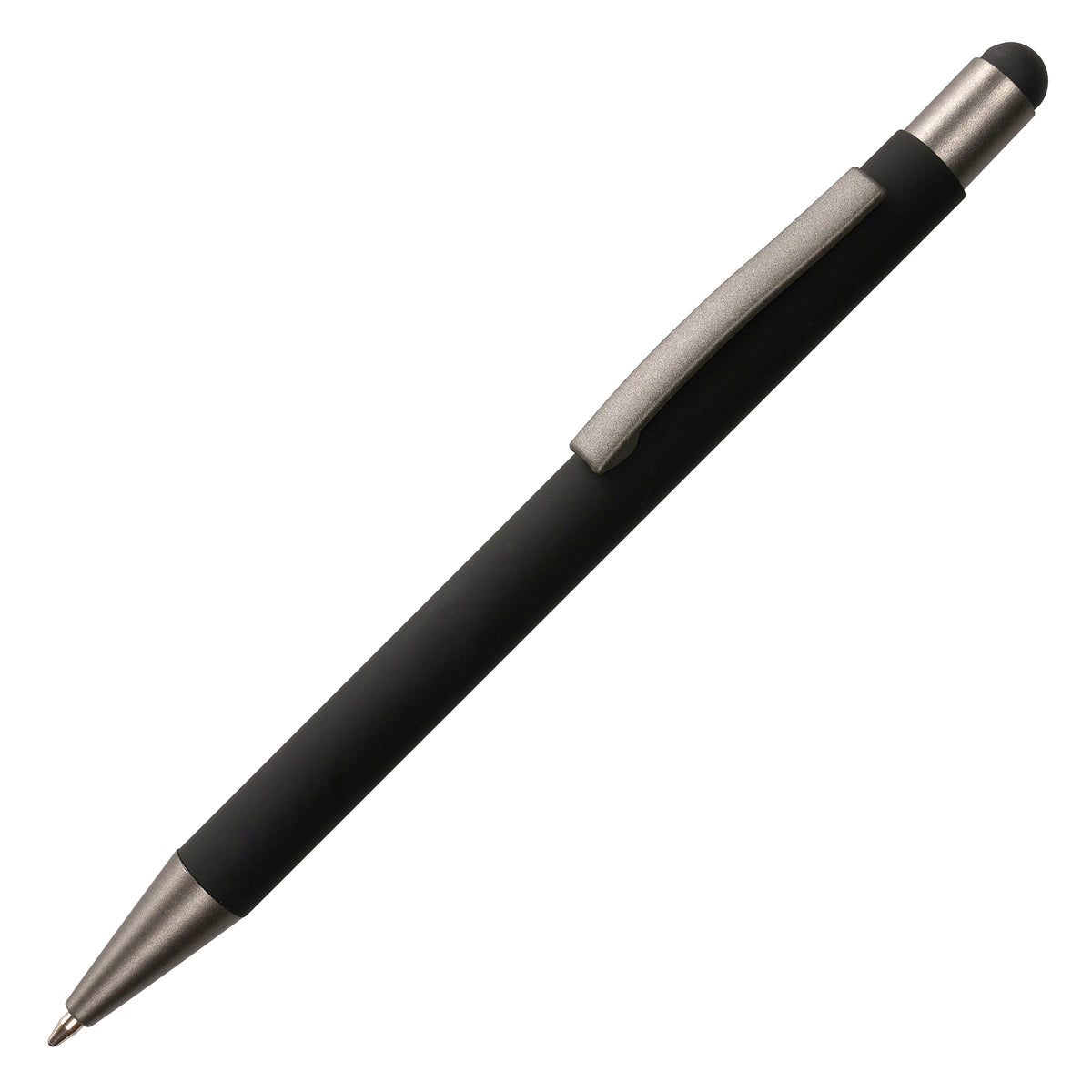 Branded Soft Feel Aluminium Stylus Ball Pen with Gunmetal Trim in BLACK