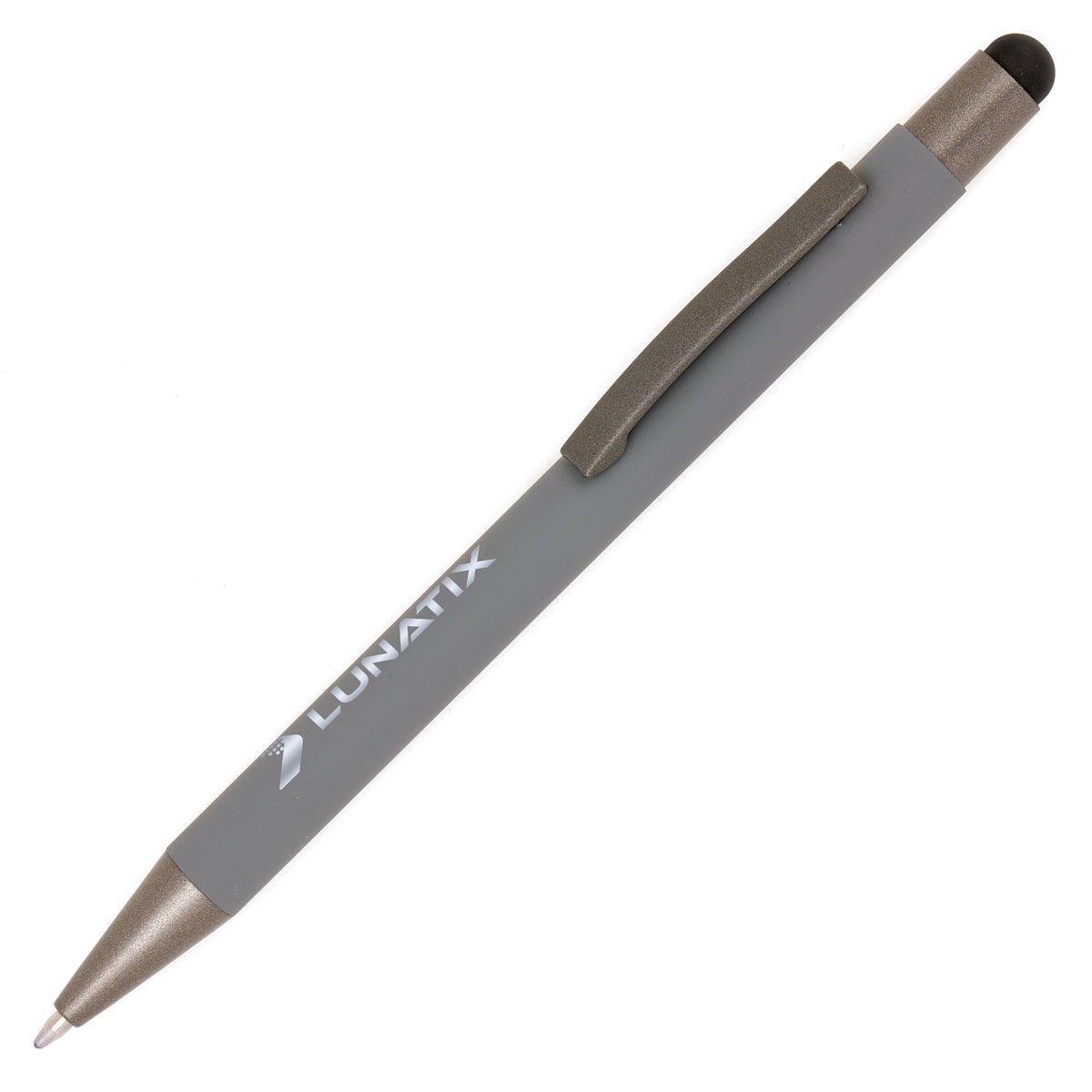 Branded Soft Feel Aluminium Stylus Ball Pen with Gunmetal Trim in GREY