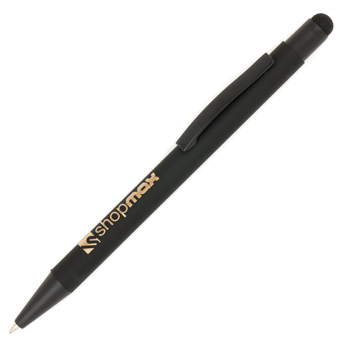 Branded All Black Soft Feel Stylus Ball Pen with Gold Undercoat