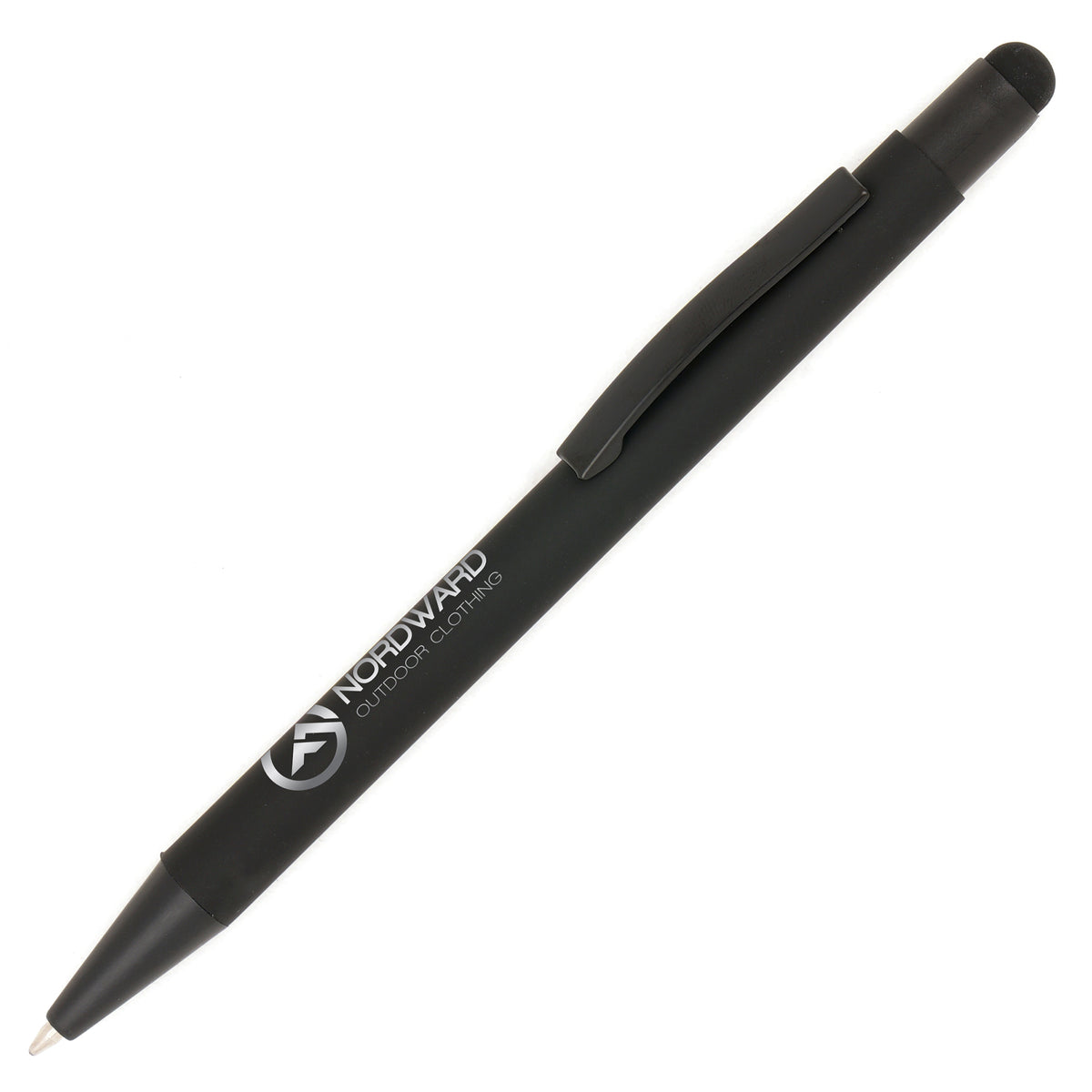 Branded All Black Soft Feel Stylus Ball Pen with Chrome Undercoat