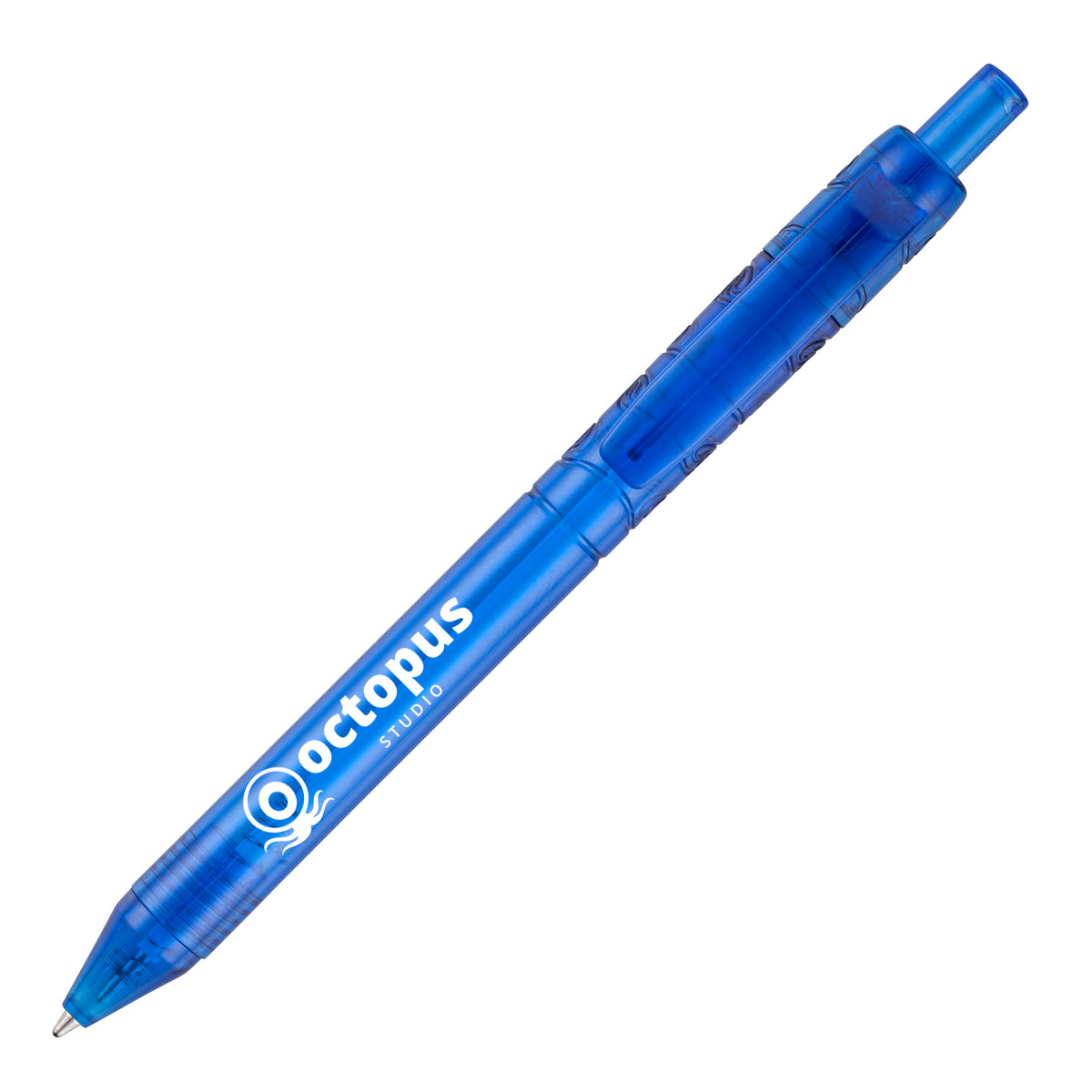 Branded Transparent RPET Push-Action Ball Pen in BLUE