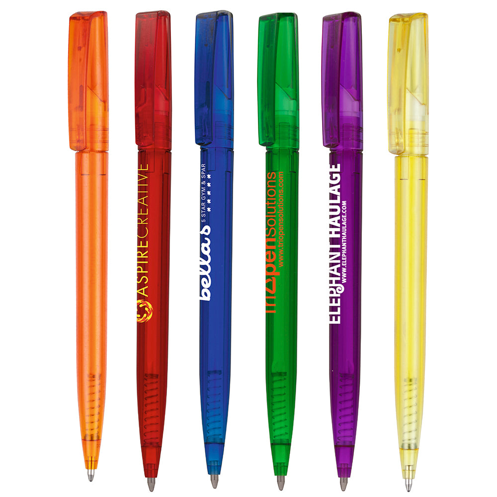 Branded Clear SAN Plastic Twist Action Ball Pen, Black Ink