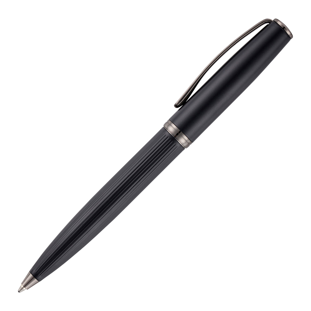Branded Matt Black Fluted Steel Ball Pen in BLACK
