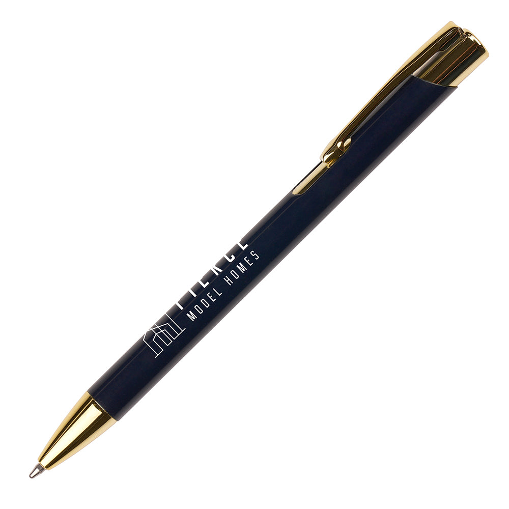 Branded Recycled Aluminium Ball Pen with Gold Trim in DARK BLUE