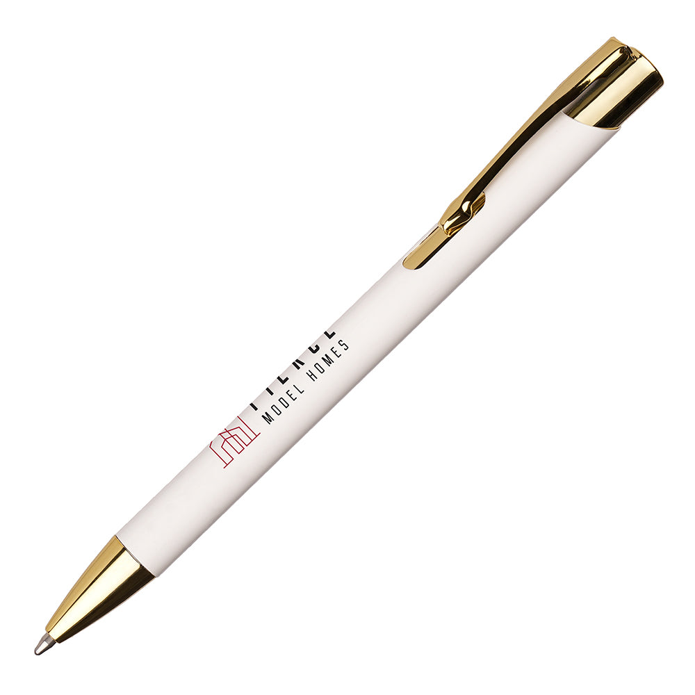 Branded Recycled Aluminium Ball Pen with Gold Trim in WHITE
