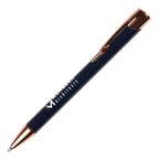 Branded Recycled Aluminium Ball Pen with Rose Gold Trim in DARK BLUE