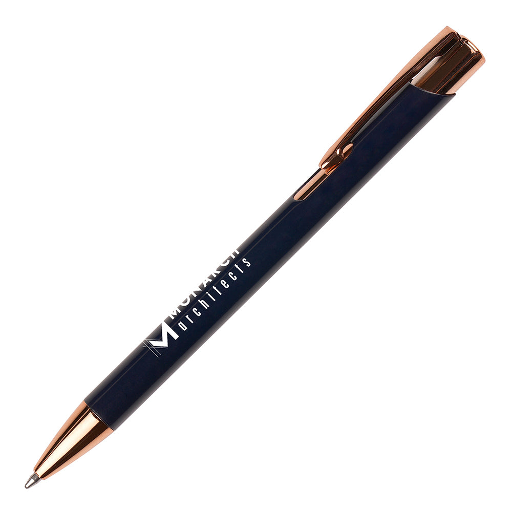 Branded Recycled Aluminium Ball Pen with Rose Gold Trim in DARK BLUE