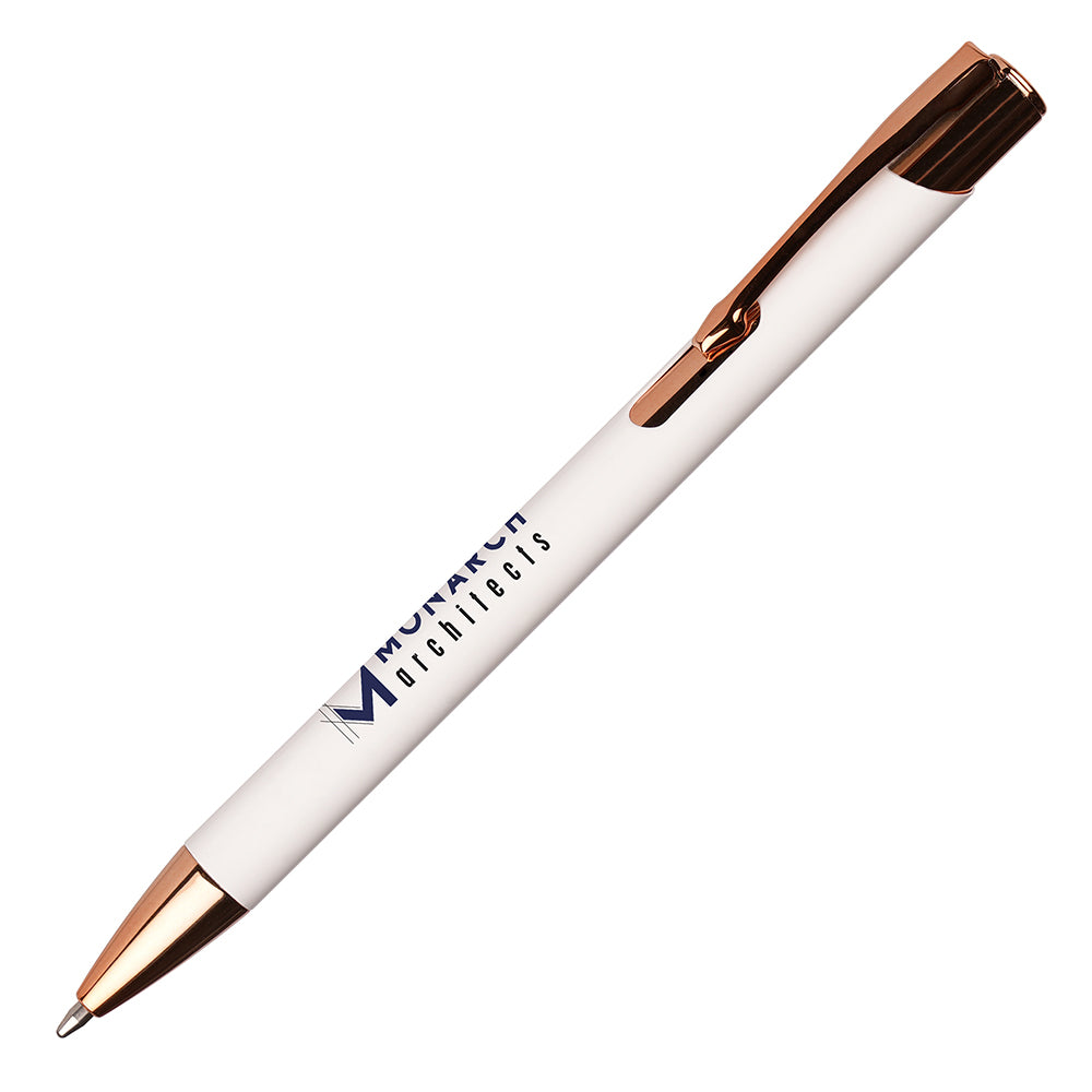 Branded Recycled Aluminium Ball Pen with Rose Gold Trim in WHITE