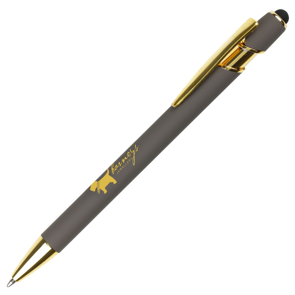 Branded Gold Trim Aluminium Stylus Ball Pen in DARK GREY