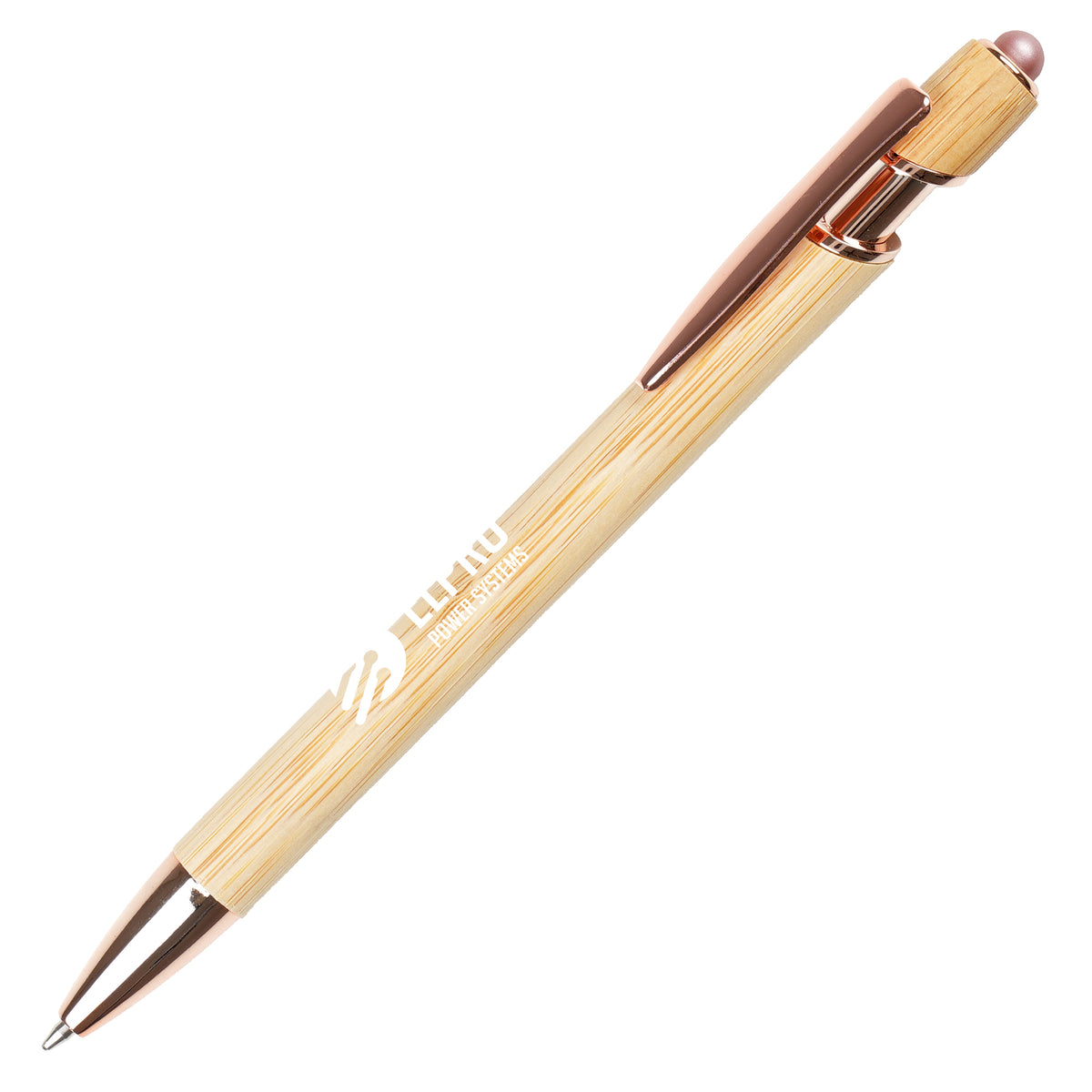 Branded Bamboo Ball Pen with Rose Gold Trim and Stylus