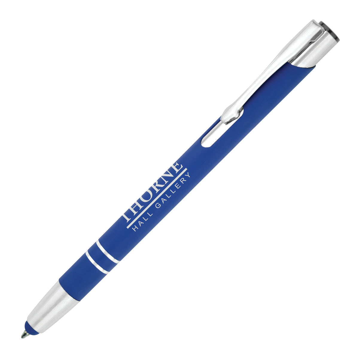 Branded Soft Feel Recycled Aluminium Stylus Ball Pen in BLUE