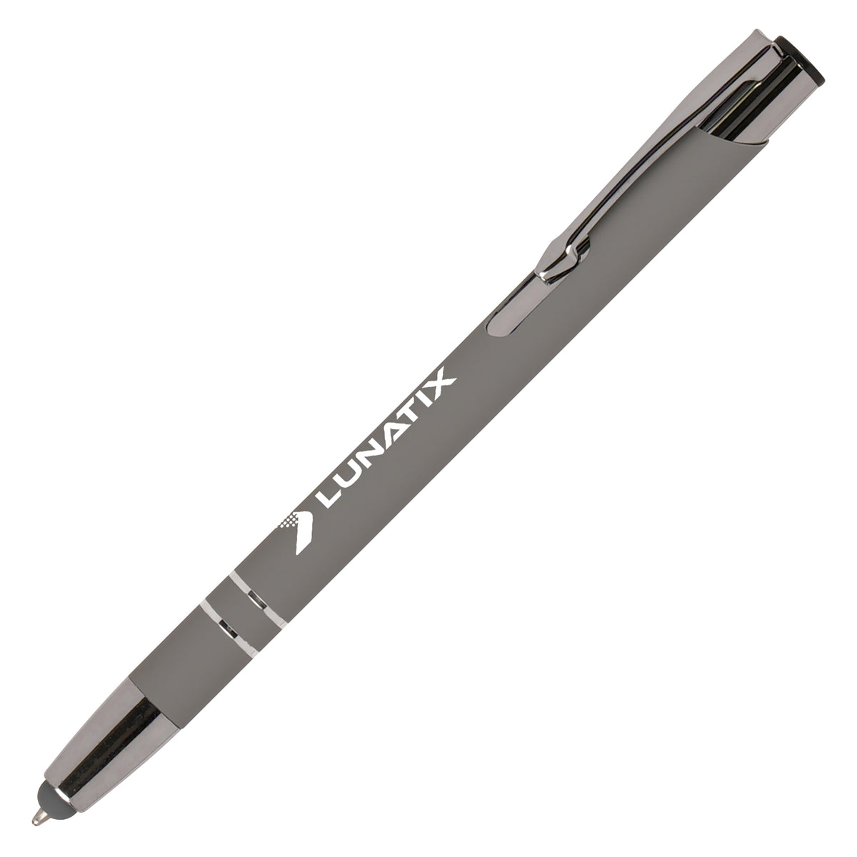 Branded Soft Feel Recycled Aluminium Stylus Ball Pen in GREY