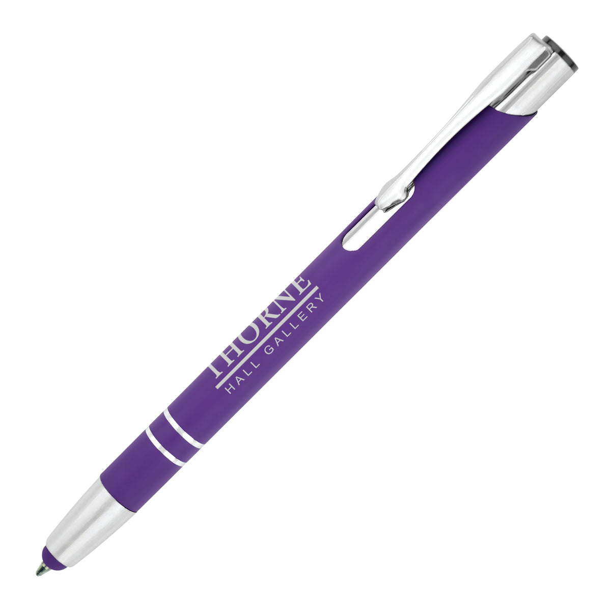 Branded Soft Feel Recycled Aluminium Stylus Ball Pen in PURPLE