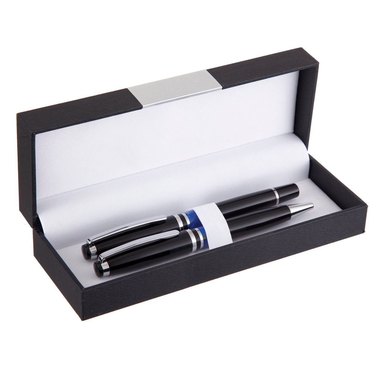 Branded Hinged PU Pen Box with Metal Lid Plate in BLACK