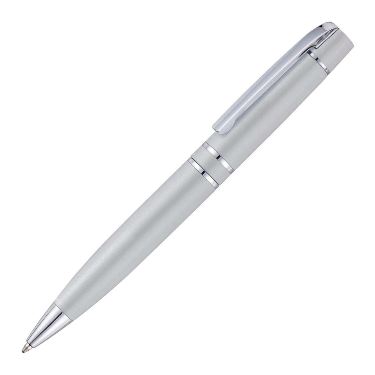 Branded Glossy Stainless Steel Ball Pen with Hinged Clip in SILVER