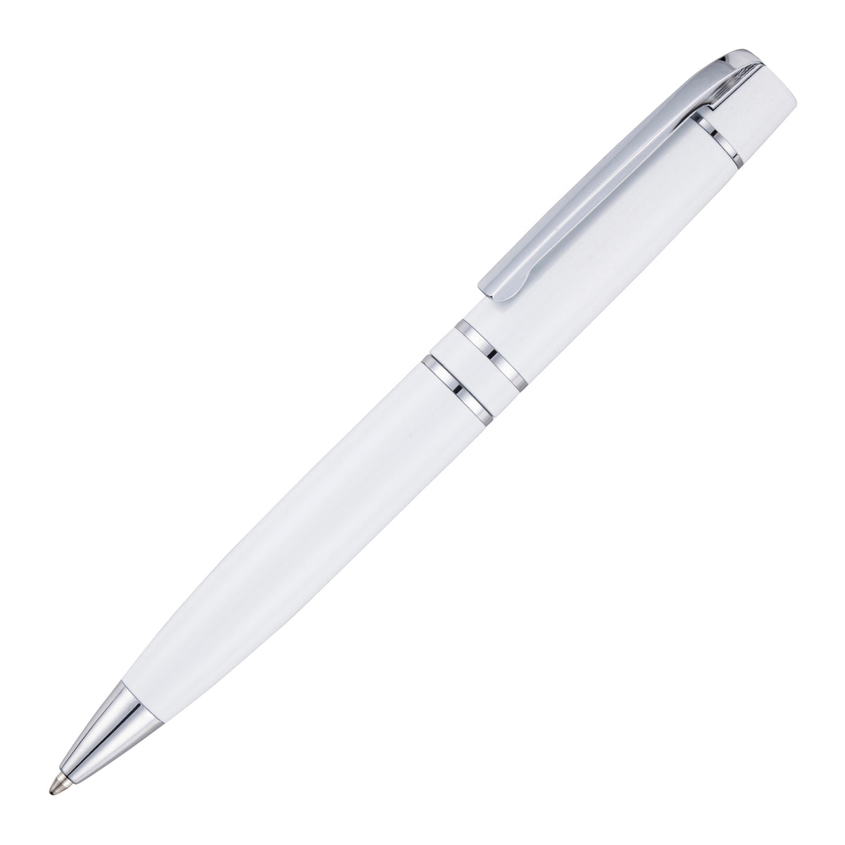 Branded Glossy Stainless Steel Ball Pen with Hinged Clip in WHITE