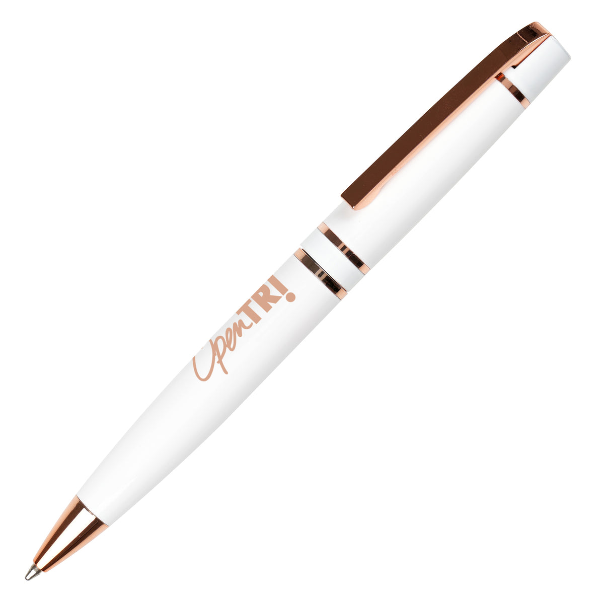Branded Rose Gold Accent Stainless Steel Ball Pen in WHITE