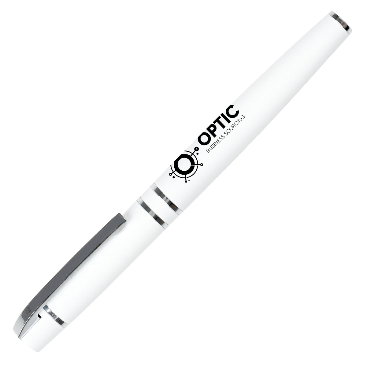 Branded Stainless Steel Rollerball Pen with Chrome Trim in WHITE