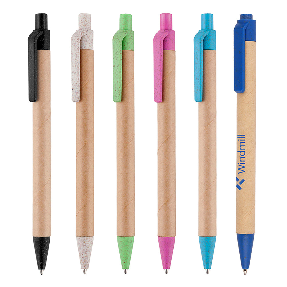 Branded Coloured Card Barrel Wheat Straw Trim Ball Pen