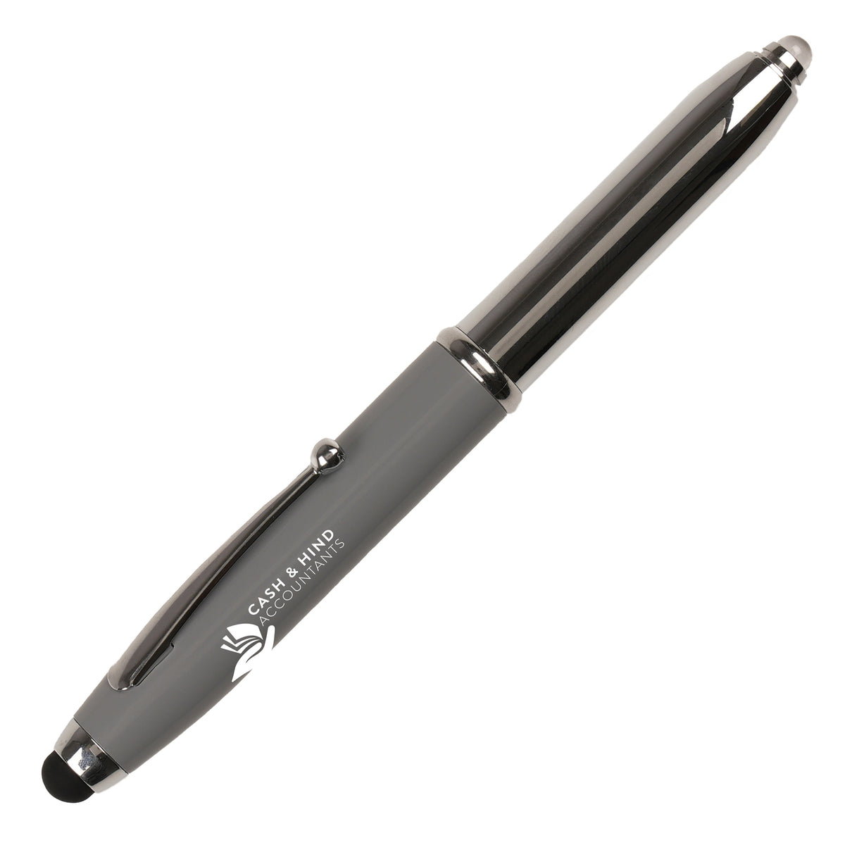 Branded 3 in 1 Aluminium Ball Pen with LED Light and Stylus in GREY