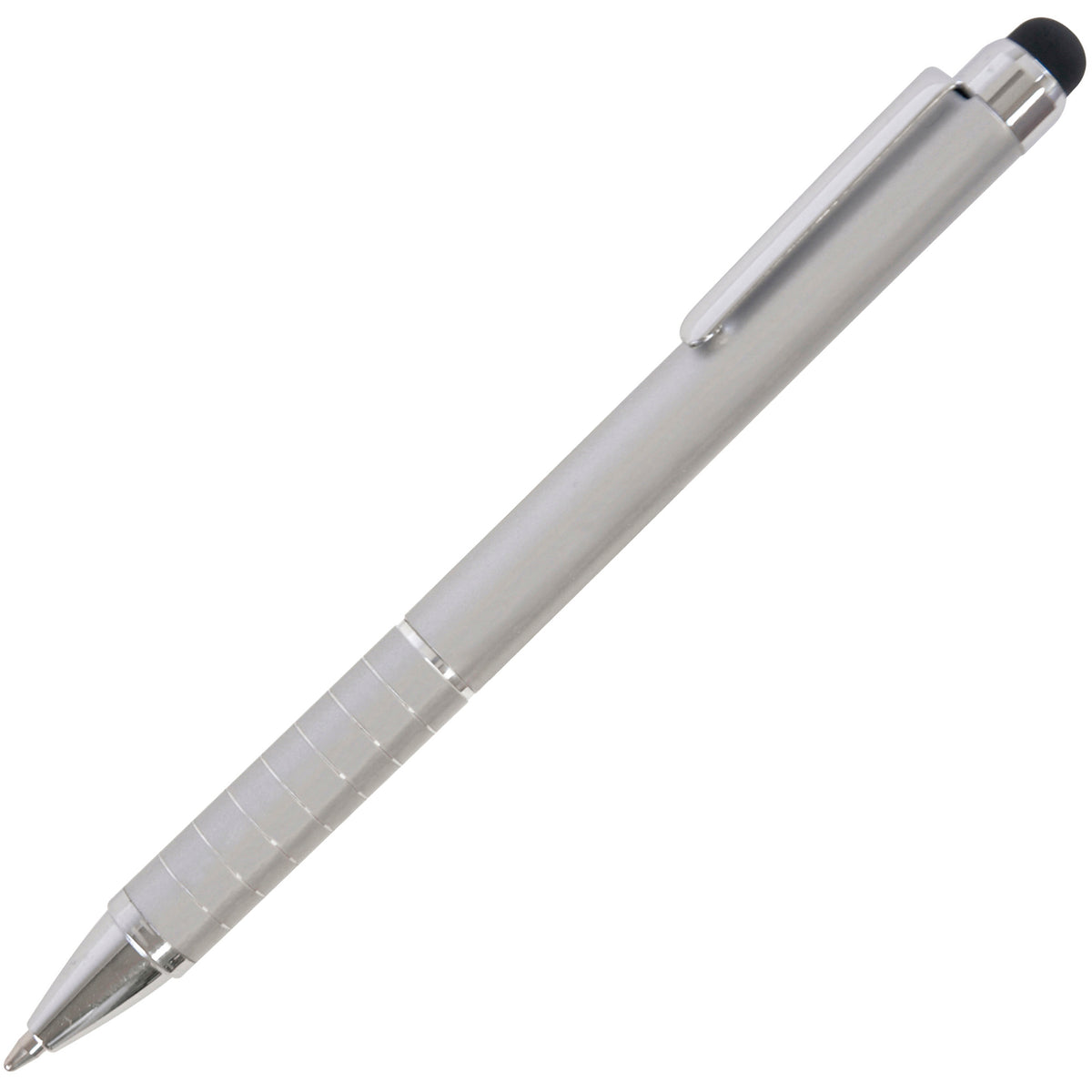 Branded Compact Aluminium Mini Ball Pen with Stylus in SILVER