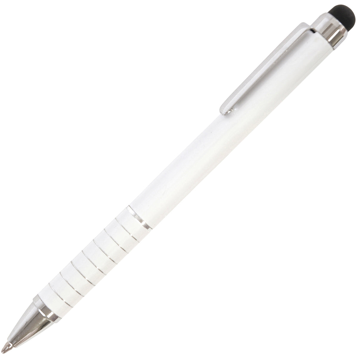 Branded Compact Aluminium Mini Ball Pen with Stylus in WHITE