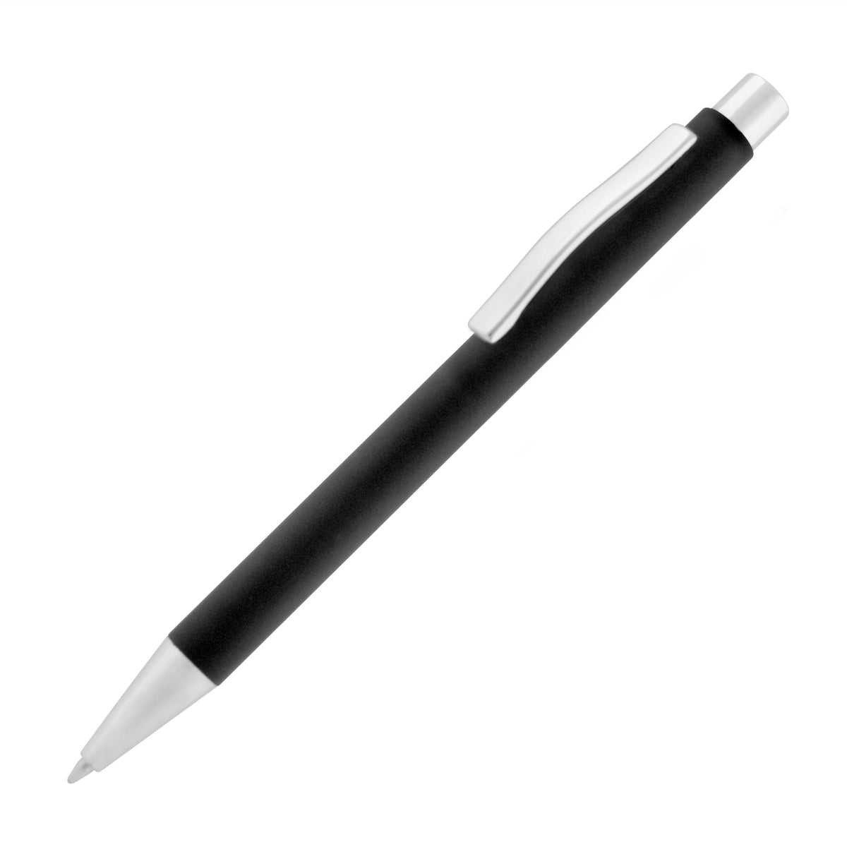 Branded Soft Feel Push Action Steel Ball Pen with Chrome Trim in BLACK