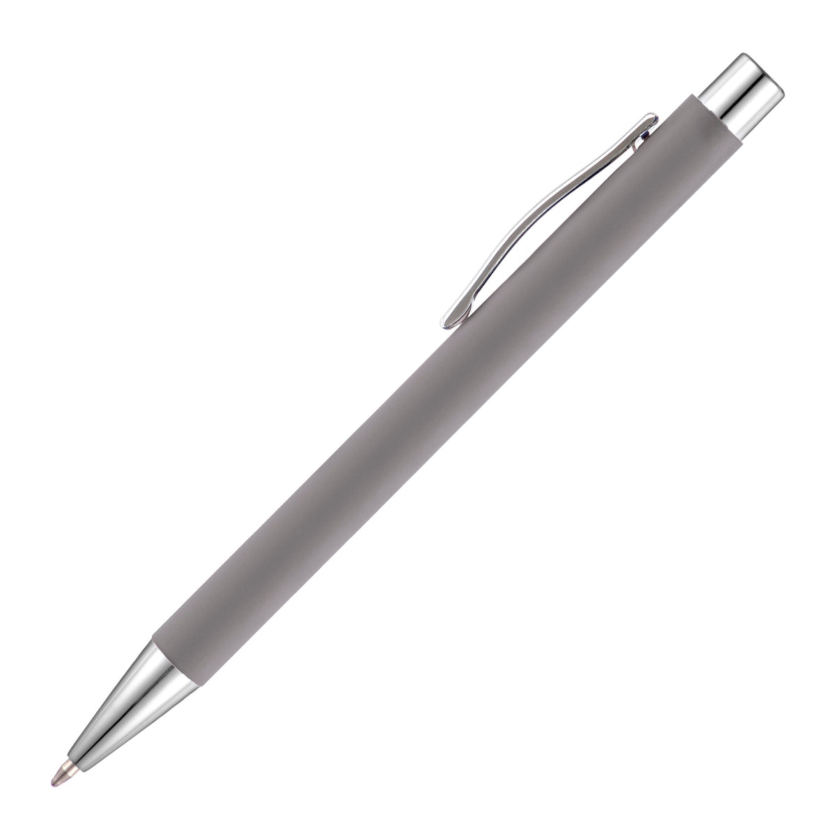 Branded Soft Feel Push Action Steel Ball Pen with Chrome Trim in GREY